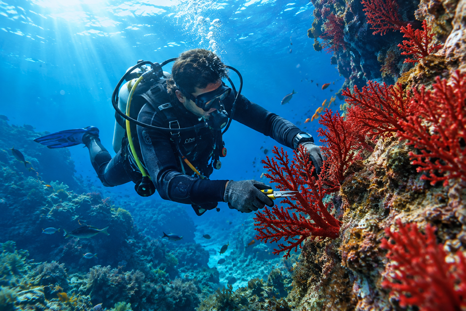 Plongeur en immersion près du corail rouge