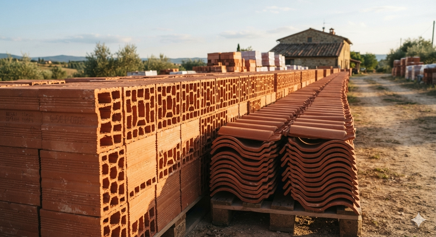 Alignement de briques creuses alvéolées en terre cuite et de tuiles de toiture traditionnelles